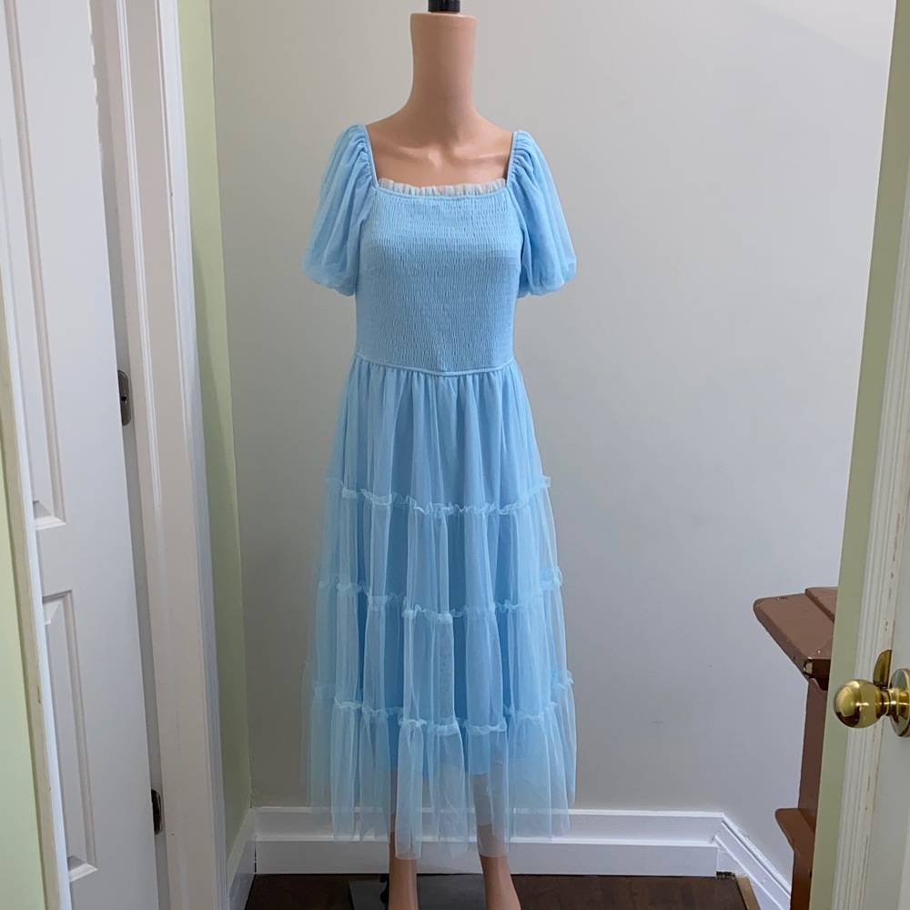 Light Blue Puff Sleeve Tulle Midi Dress